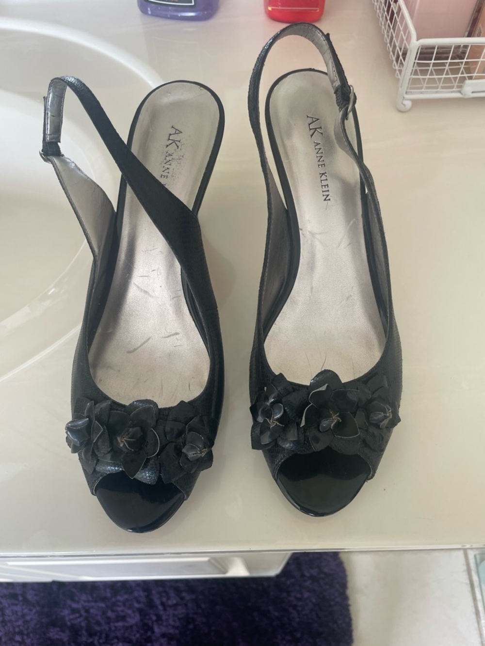 Anne Klein Black Floral Peep-Toe Slingback Heels